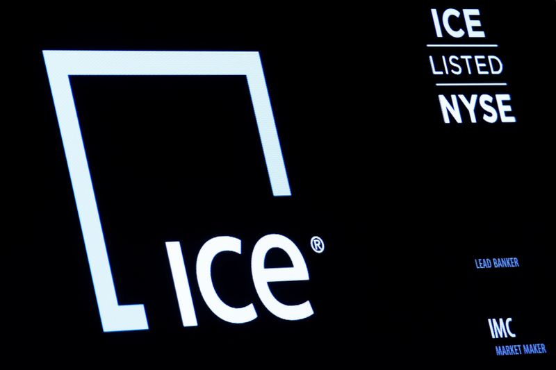 &copy; Reuters. FILE PHOTO:  A screen displays the logo and ticker symbol for Intercontinental Exchange, Inc. on the floor of the NYSE