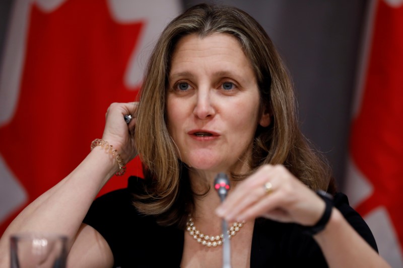 © Reuters. Canada's Deputy Prime Minister Chrystia Freeland attends a news conference as efforts continue to help slow the spread of coronavirus disease (COVID-19) in Ottawa