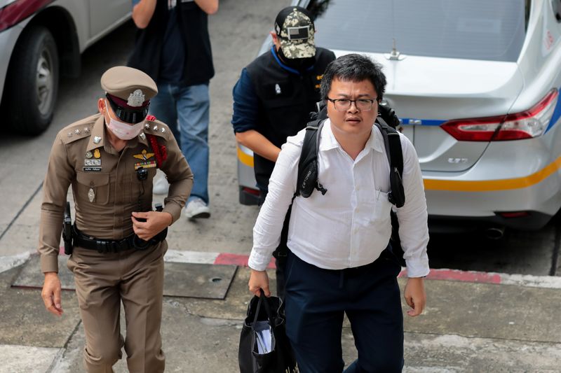 © Reuters. Anon Nampa, a pro-democracy student, one of the leaders of Thailand's recent anti-government protests, is pictured after being arrested, at the police station in Bangkok