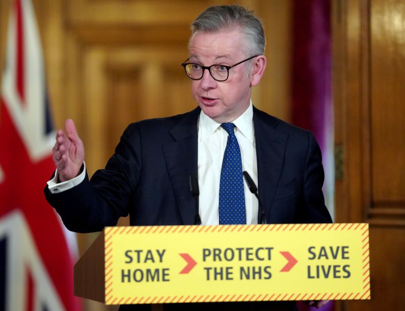 &copy; Reuters. Britain&apos;s Chancellor of the Duchy of Lancaster Michael Gove speaks at a digital news conference on the coronavirus disease (COVID-19) outbreak, at 10 Downing Street in London