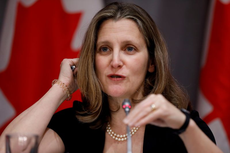 © Reuters. FILE PHOTO: Canada's Deputy Prime Minister Chrystia Freeland attends a news conference as efforts continue to help slow the spread of coronavirus disease (COVID-19) in Ottawa