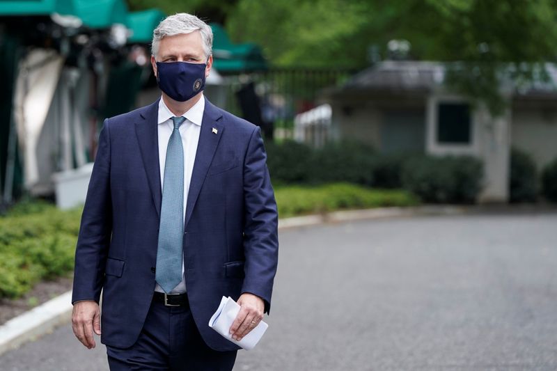 © Reuters. National Security Advisor Robert O'Brien walks after being interviewed at the White House in Washington