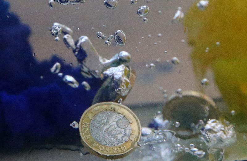 &copy; Reuters. UK pound coins plunge into water coloured with the European Union flag colours in this illustration picture