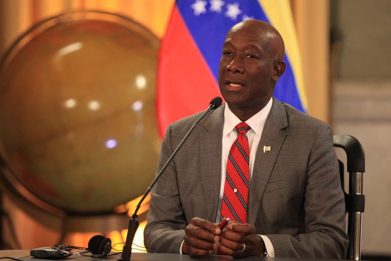 &copy; Reuters. Trinidad and Tobago&apos;s Prime Minister Keith Rowley speaks during an agreement-signing ceremony between Trinidad and Tobago and PDVSA in Caracas