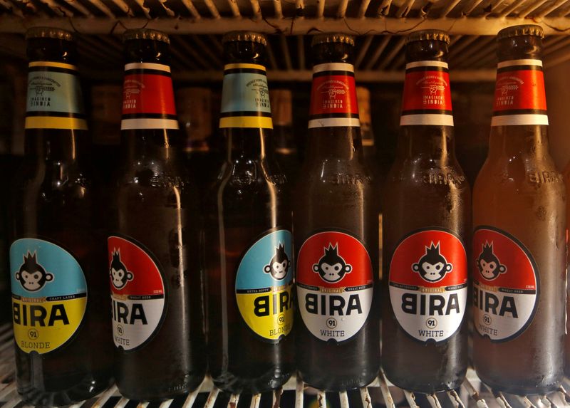 &copy; Reuters. FILE PHOTO: Bira beer bottles are pictured at a liquor store in Mumbai, India