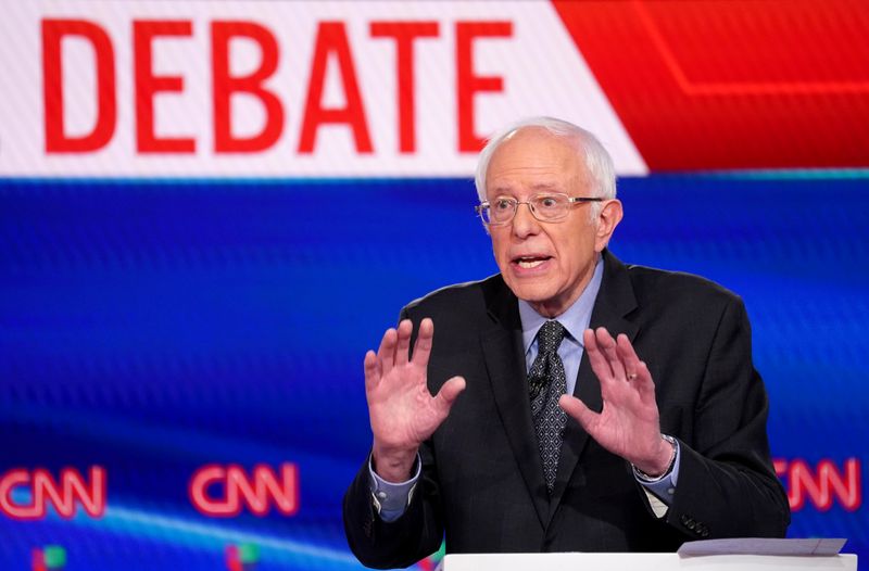 &copy; Reuters. Democratic U.S. presidential candidate Senator Bernie Sanders speaks at the 11th Democratic candidates debate of the 2020 U.S. presidential campaign in Washington