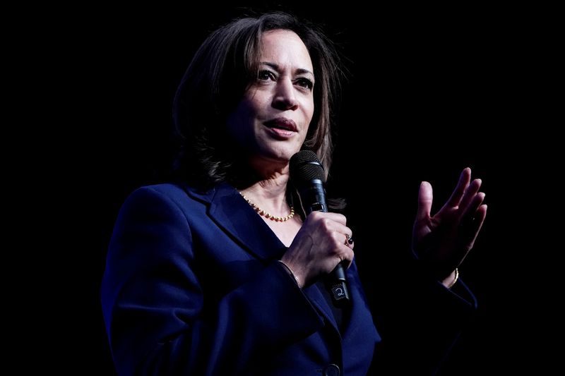 &copy; Reuters. FILE PHOTO: Kamala Harris appears on stage at a First in the West Event at the Bellagio Hotel in Las Vegas