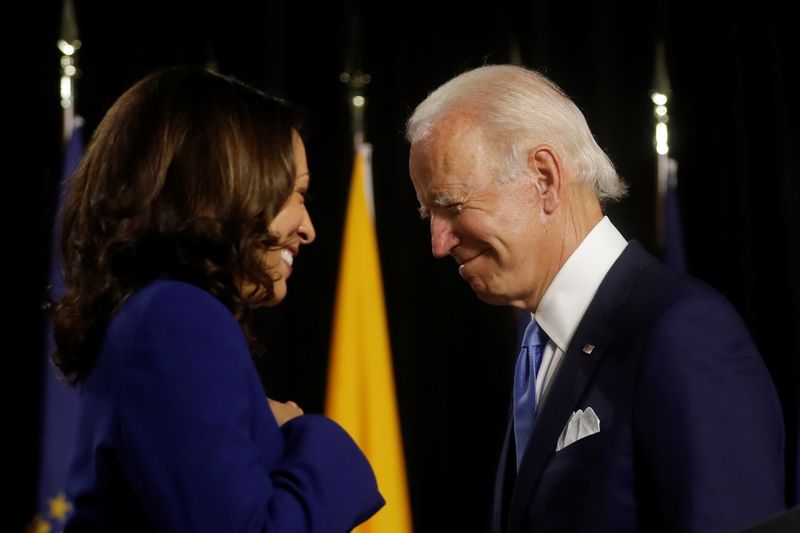 &copy; Reuters. Democratic presidential candidate Biden and vice presidential candidate Harris hold first joint campaign appearance as a ticket in Wilmington, Delaware