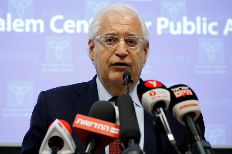 &copy; Reuters. FILE PHOTO: U.S. Ambassador to Israel David Friedman speaks during a briefing at The Jerusalem Center for Public Affairs in Jerusalem