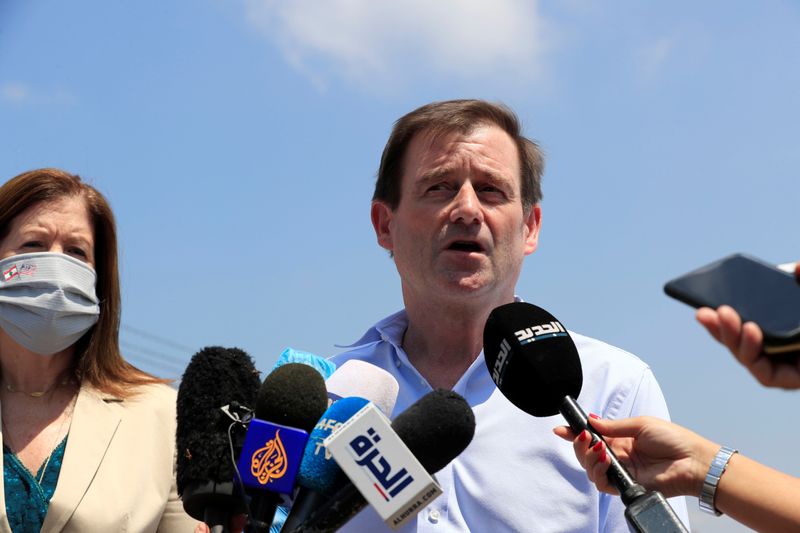 &copy; Reuters. U.S. Under Secretary of State for Political Affairs David Hale speaks to the media after visiting the site of a massive explosion at Beirut&apos;s port