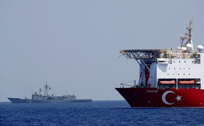 &copy; Reuters. FILE PHOTO: The Turkish drilling vessel Yavuz is seen being escorted by a Turkish Navy frigate in the eastern Mediterranean off Cyprus