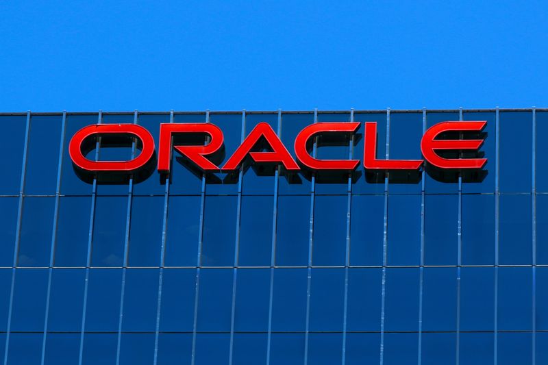 &copy; Reuters. The Oracle logo is shown on an office building in Irvine, California