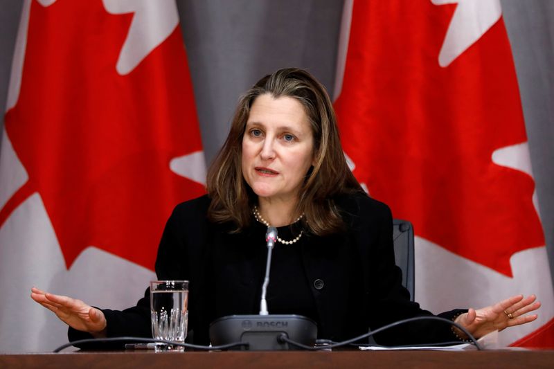 &copy; Reuters. Canada&apos;s Deputy PM Freeland attends news conference on Parliament Hill in Ottawa