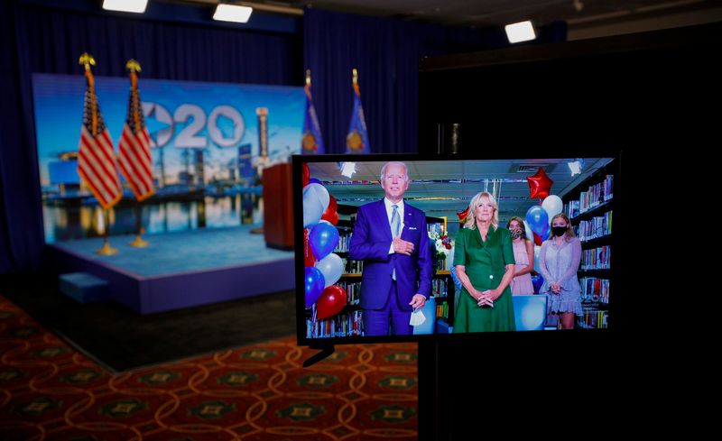 &copy; Reuters. Democratic 2020 presidential nominee and former Vice President Joe Biden is seen in a video feed from Delaware as he reacts with his wife Jill and his grandchildren at his side after winning the Democratic Party’s 2020 presidential nomination