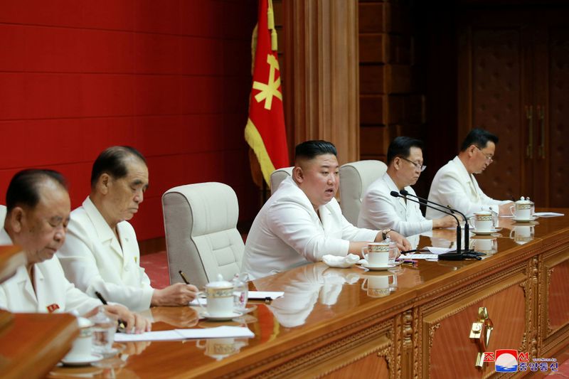 &copy; Reuters. North Korean leader Kim Jong Un addresses a plenary meeting of the Central Committee of the Workers&apos; Party of Korea in North Korea