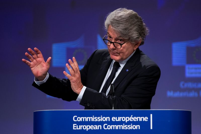 &copy; Reuters. European Union Internal Market Commissioner Thierry Breton talks to journalists during an online news conference at the EU headquarters in Brussels