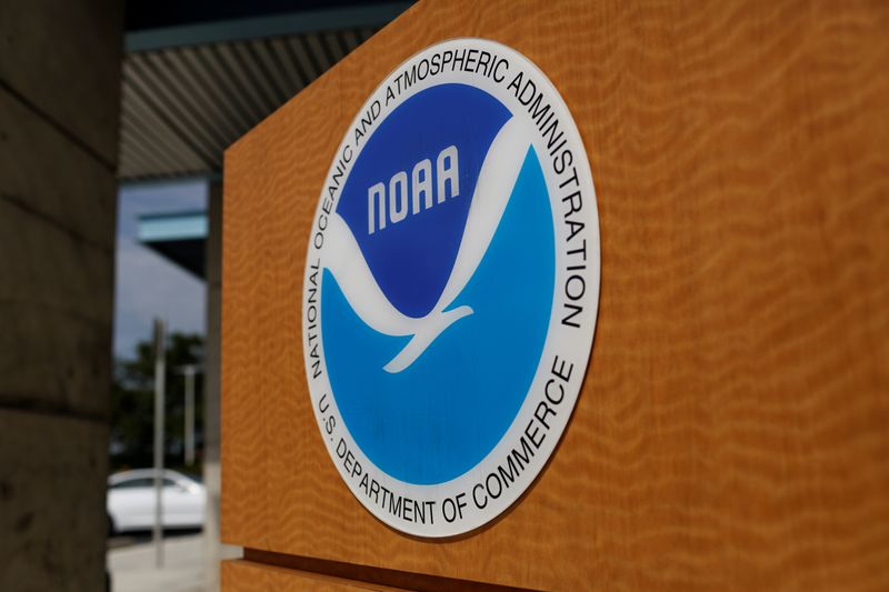 &copy; Reuters. FILE PHOTO: The logo of the National Oceanic and Atmospheric Administration is seen at the National Hurricane Center in Miami