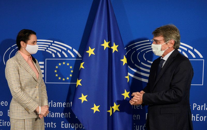 &copy; Reuters. Belarusian opposition leader Tsikhanouskaya meets with EU Parliament President Sassoli in Brussels