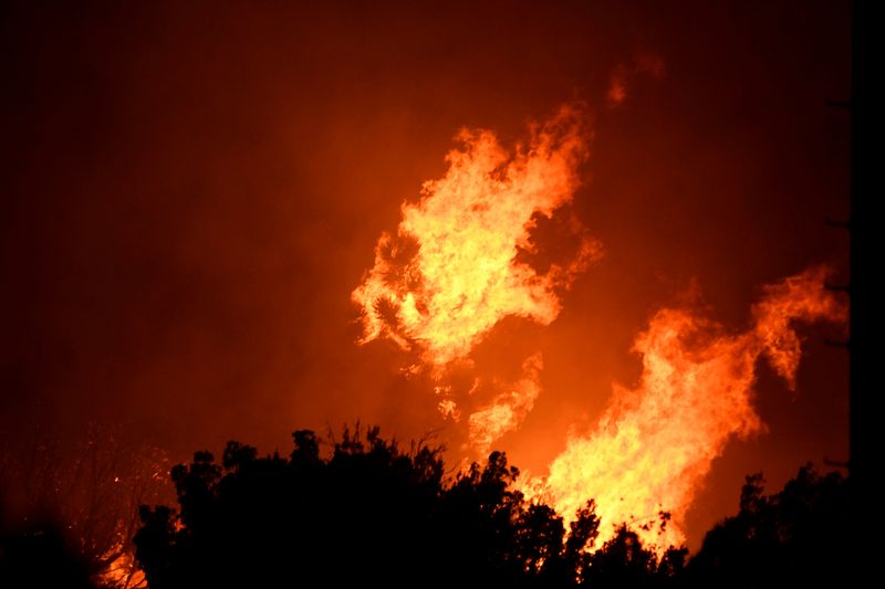 &copy; Reuters. FILE PHOTO: Wildfire in California burns through the night north of Los Angeles