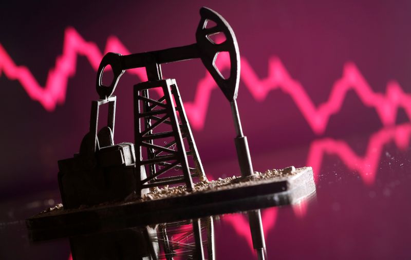 &copy; Reuters. A 3D printed oil pump jack is seen in front of displayed stock graph in this illustration picture