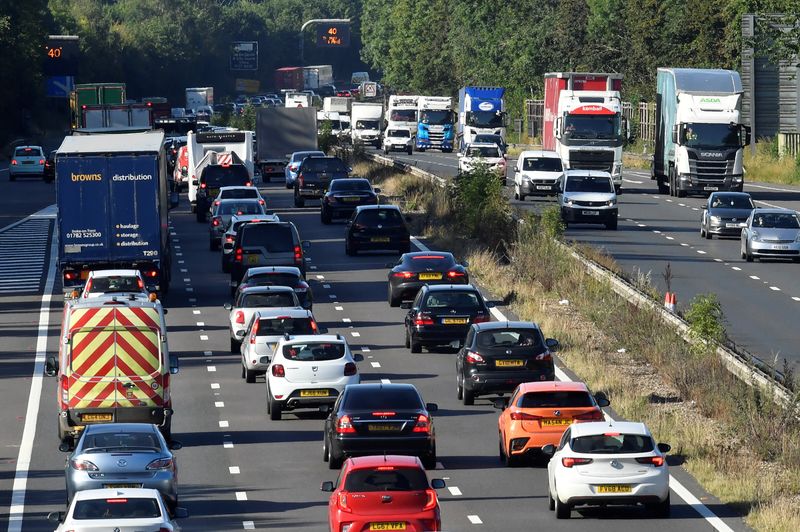 © Reuters. FILE PHOTO: Heavy traffic as seen on the M3 motorway heading towards the English coast, near Southampton