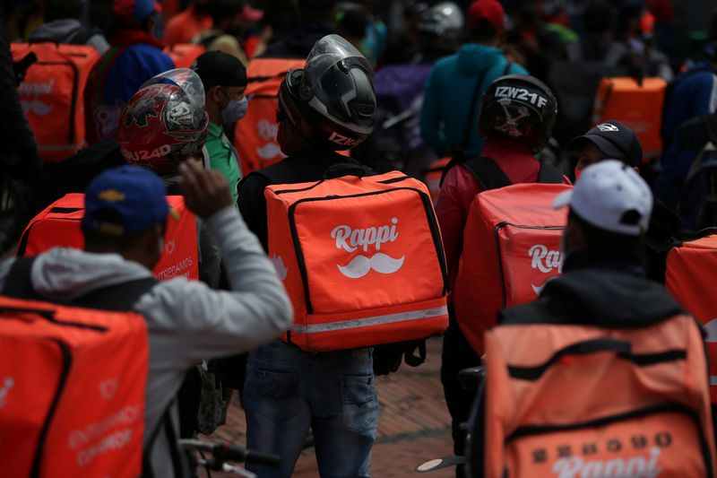 &copy; Reuters. Delivery workers for Rappi and other delivery apps protest as part of a strike to demand better wages and working conditions, amid the coronavirus disease (COVID-19) outbreak, in Bogota