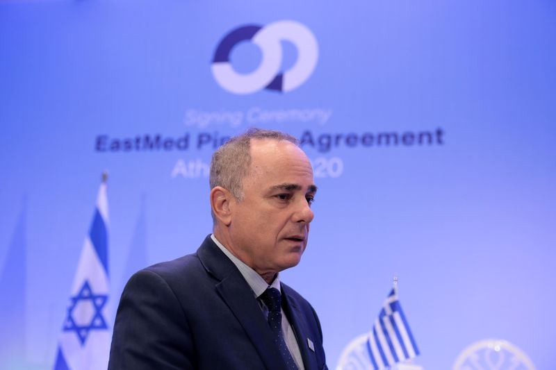 © Reuters. Israeli Energy Minister Yuval Steinitz speaks during an interview with Reuters in Athens