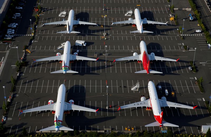 &copy; Reuters. FILE PHOTO: Boeing 737 Max aircraft are parked in a parking lot at Boeing Field in this aerial photo taken over Seattle