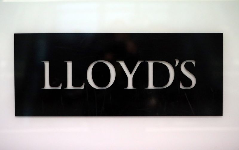 &copy; Reuters. Lloyd&apos;s of London logo at City of London financial district