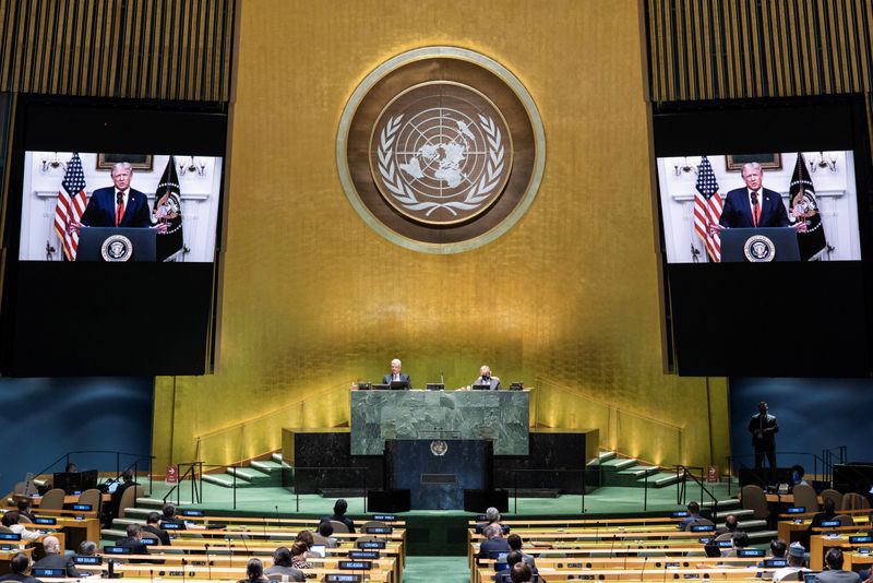 &copy; Reuters. Plenário da Assembleia-Geral da ONU durante discurso gravado do presidente dos EUA, Donald Trump