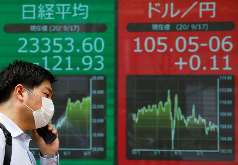 &copy; Reuters. Un uomo con indosso la mascherina passa accanto a degli schermi che mostrano l&apos;andamento dell&apos;indice Nikkei e il tasso di cambio tyen giapponese/dollaro durante l&apos;epidemia di coronavirus a Tokyo