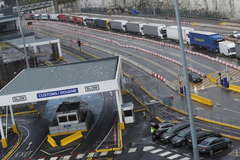 &copy; Reuters. Freight trucks queue to enter the terminal at the Port of Dover