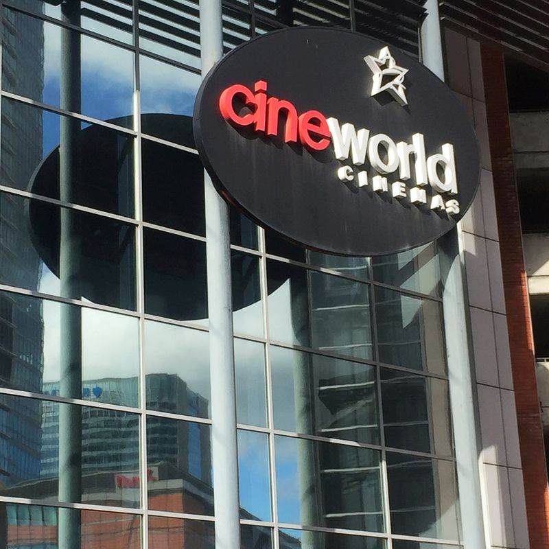 &copy; Reuters. FILE PHOTO: A Cineworld cinema logo is pictured in Canary Wharf in London