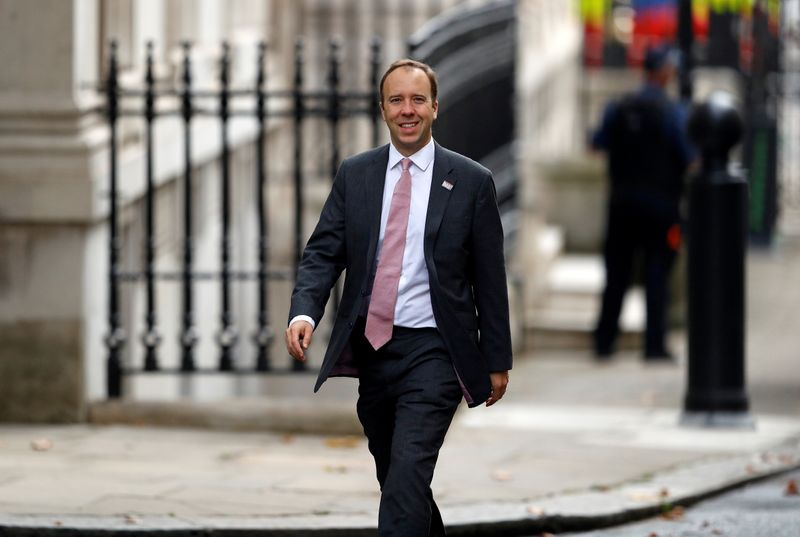 &copy; Reuters. Britain&apos;s Health Secretary Matt Hancock walks outside Downing Street in London