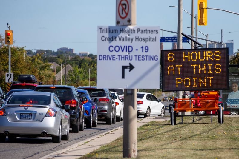 &copy; Reuters. People wait in their cars at a coronavirus disease (COVID-19) testing facility in Mississauga.