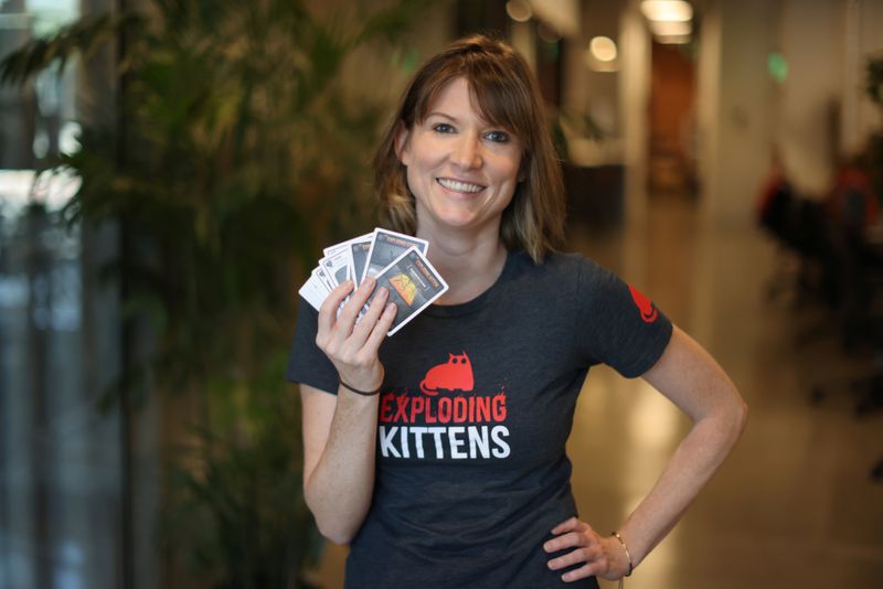 © Reuters. Carly McGinnis, Chief Operating Officer at Exploding Kittens, a Los Angeles-based board game company, poses for a photo at the company's office in Los Angeles