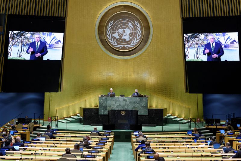 © Reuters. Scott Morrison, Prime Minister of Australia speaks virtually during the 75th annual U.N. General Assembly