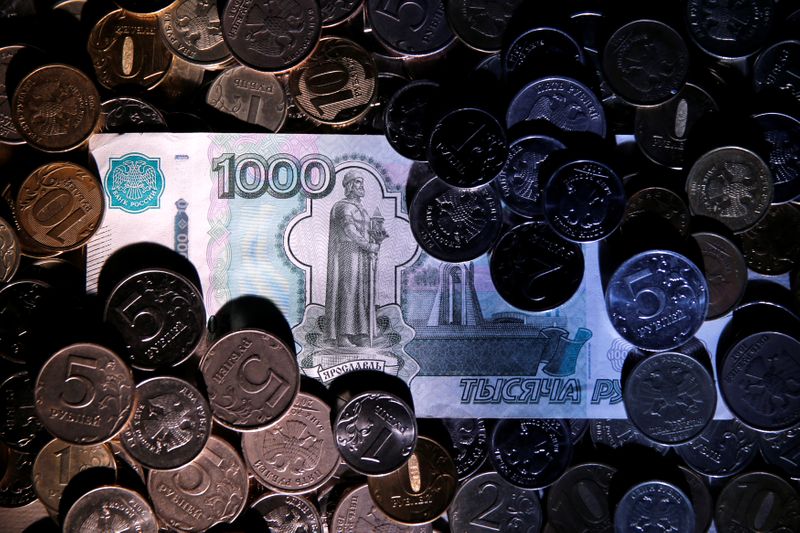 &copy; Reuters. View shows Russian rouble coins and banknote