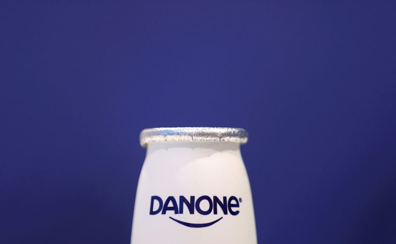 &copy; Reuters. FILE PHOTO: A company logo is seen on a product displayed before French food group Danone's 2019 annual results presentation in Paris, France, February 26, 2020. REUTERS/Christian Hartmann/File Photo