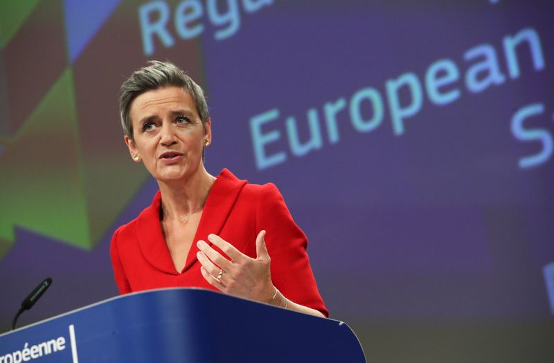 &copy; Reuters. FILE PHOTO: European Commission Vice Presidents Margrethe Vestager speaks during a joint news conference with Valdis Dombrovskis (not pictured), and EU Commissioner for Internal Market Thierry Breton (not pictured) in Brussels, Belgium May 5, 2021. REUTER