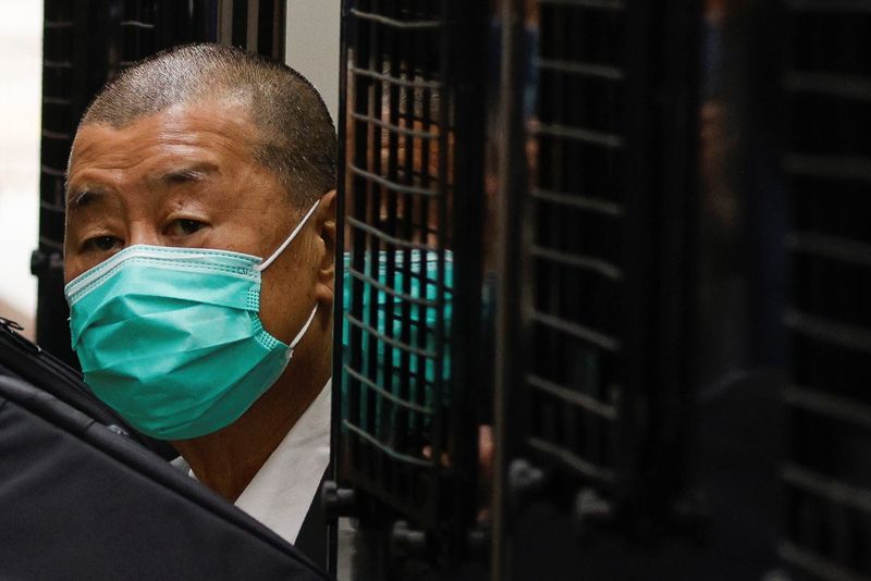 &copy; Reuters. FILE PHOTO: Media mogul Jimmy Lai, founder of Apple Daily, arrives the Court of Final Appeal by prison van in Hong Kong, China February 9, 2021. REUTERS/Tyrone Siu