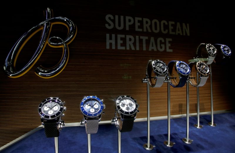 &copy; Reuters. FILE PHOTO: Superocean Heritage watches of Swiss watch manufacturer Breitling are displayed at the Baselworld watch and jewellery fair in Basel, Switzerland, March 21, 2018.  REUTERS/Arnd Wiegmann/File Photo
