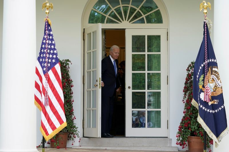 &copy; Reuters. FILE PHOTO: U.S. President Joe Biden leaves after speaking about the coronavirus disease (COVID-19) response and the vaccination program from the Rose Garden of the White House in Washington, U.S., May 13, 2021. REUTERS/Kevin Lamarque/File Photo