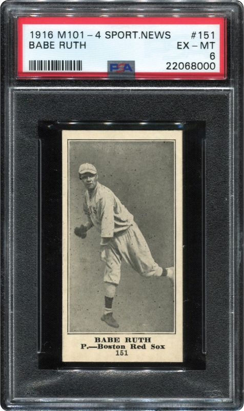 &copy; Reuters. A 1916 Sporting News Babe Ruth rookie card from the collection of Dr. Thomas Newman is seen in an undated photo ahead of an online auction by Memory Lane Auctions. Courtesy of Memory Lane, Inc/Handout via REUTERS