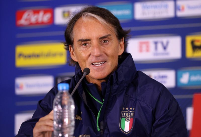 &copy; Reuters. Roberto Mancini durante una conferenza stampa a Sofia in Bulgaria. 27 marzo 2021 REUTERS/Stoyan Nenov/File Photo