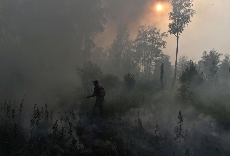 &copy; Reuters. FILE PHOTO: A specialist of Russian Federal Agency for Forestry works to put out a forest fire outside the village of Basly in Omsk Region, Russia August 11, 2020. REUTERS/Alexey Malgavko/File Photo