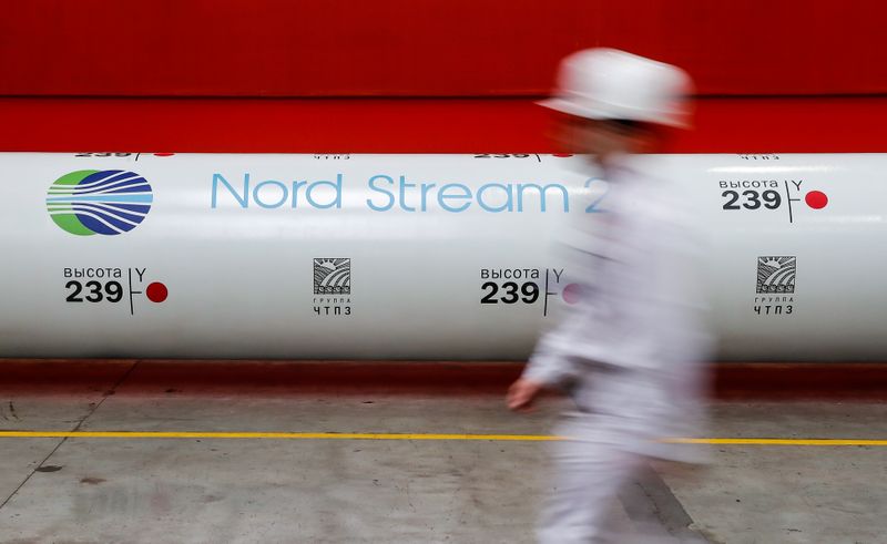 &copy; Reuters. The logo of the Nord Stream 2 gas pipeline project is seen on a large diameter pipe at Chelyabinsk Pipe Rolling Plant owned by ChelPipe Group in Chelyabinsk, Russia February 26, 2020. Picture taken February 26, 2020. REUTERS/Maxim Shemetov