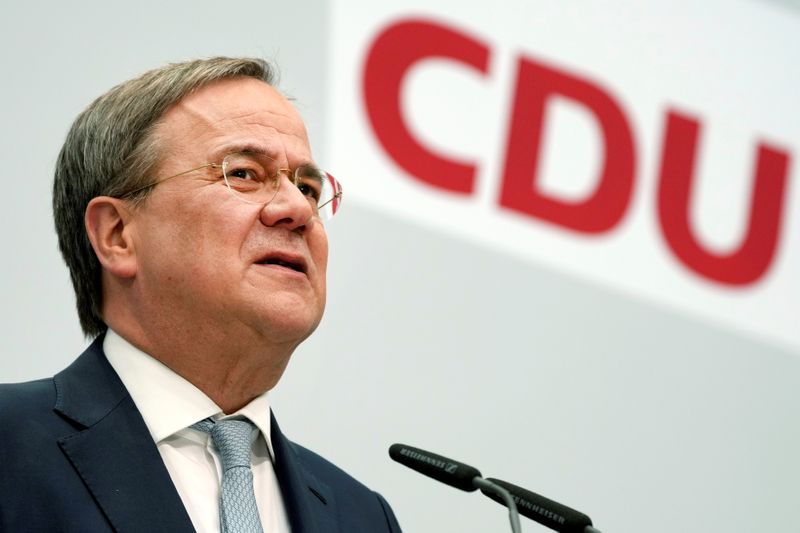 &copy; Reuters. Armin Laschet, chairman of the German Christian Democratic Union, CDU, addresses the media during a news conference at the party's headquarters in Berlin, Germany May 17, 2021. Michael Sohn/Pool via REUTERS