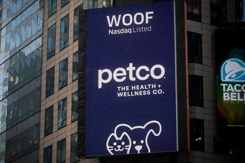&copy; Reuters. FILE PHOTO: A screen displays Petco Health and Wellness Company Inc.'s trading symbol and company logo during the IPO at the Nasdaq Market Site in Times Square in New York City, U.S., January 14, 2021.  REUTERS/Brendan McDermid