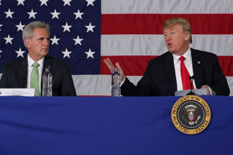 © Reuters. FILE PHOTO: U.S. President Donald Trump, flanked by House Majority Leader Kevin McCarthy (R-CA), participates in a roundtable discussion about trade in Duluth, Minnesota, U.S. June 20, 2018. REUTERS/Jonathan Ernst